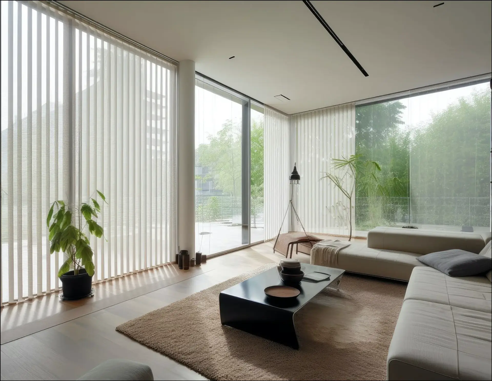 Modern living space with vertical sheer shades