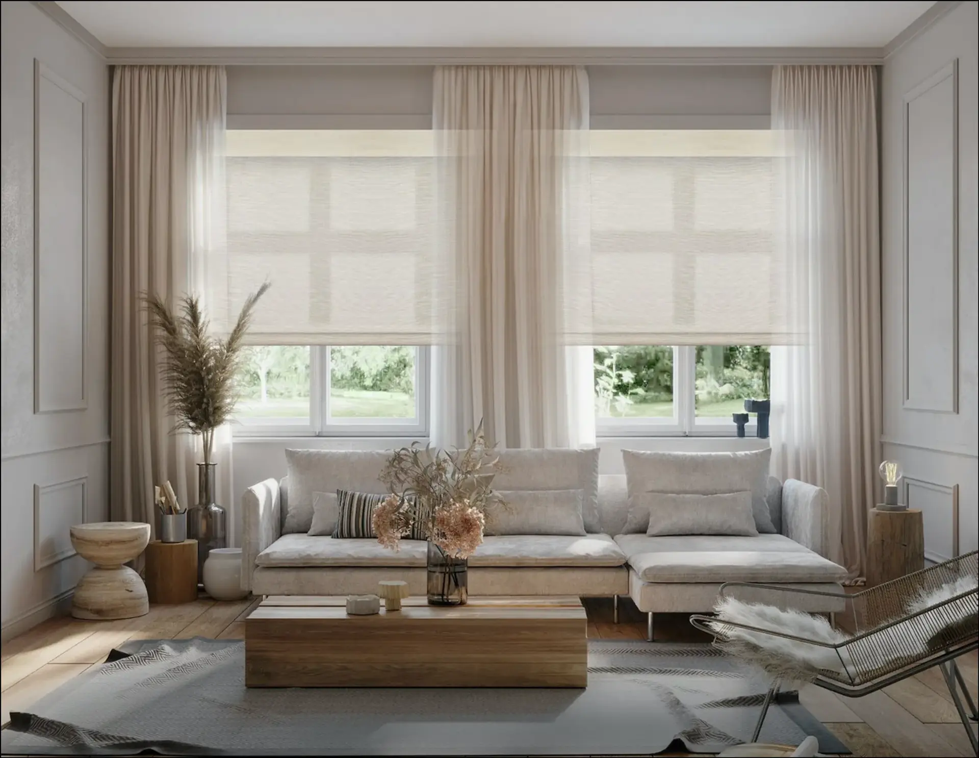 Living room with natural shades and drapes